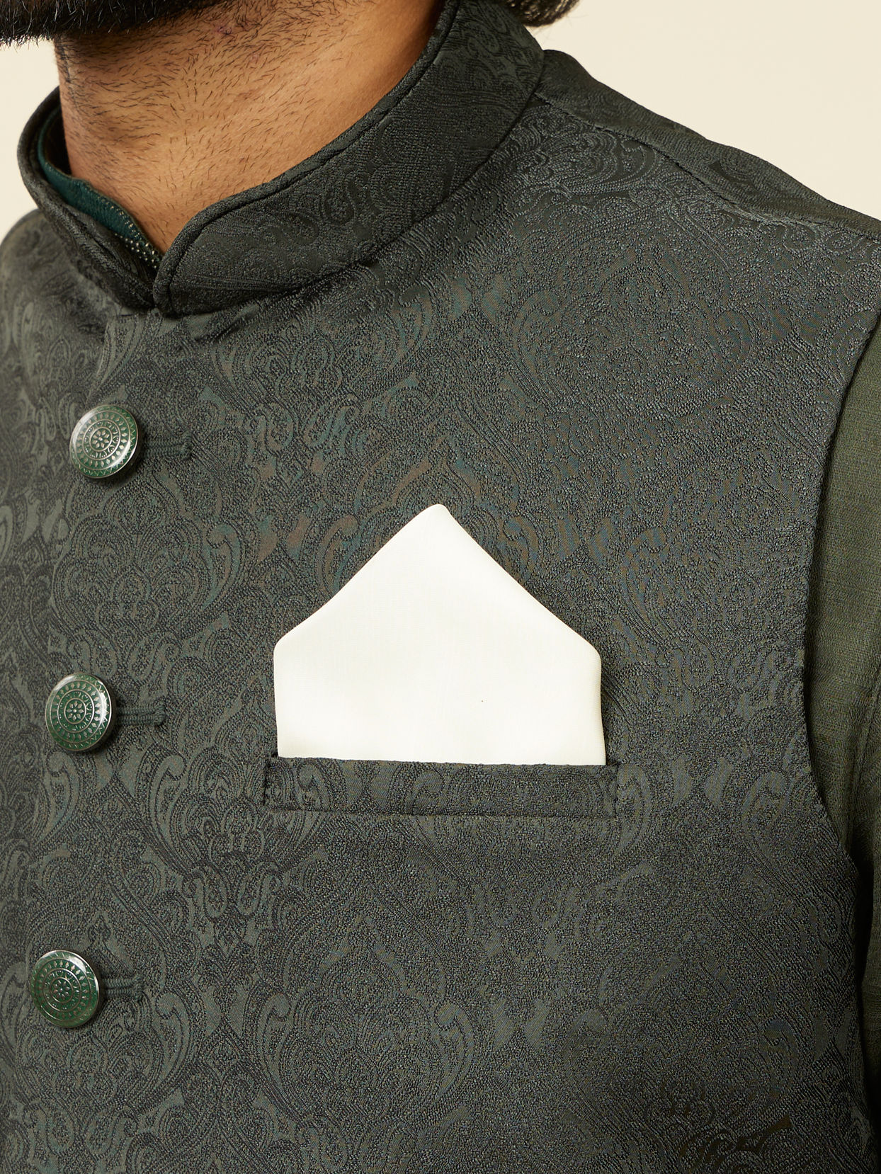 alt message - Manyavar Men Warm White Satin Pocket Square image number 0